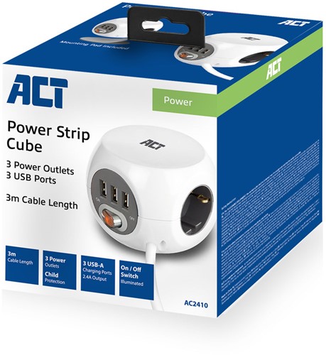 ACT | Stekkerblok | Kubus | 3 Sockets | 3 x USB | 3 mtr snoer | Wit-2