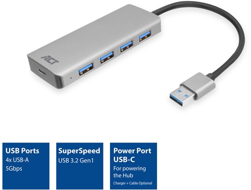 ACT | Hub | 4-Poorts | USB 3.0 | USB-C power poort | Zilver