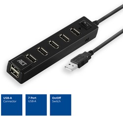 ACT | Hub | 7-Poorts | USB 2.0 | Blok | Aan-Uit Schakelaar | Zwart