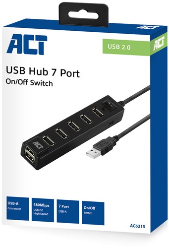 ACT | Hub | 7-Poorts | USB 2.0 | Blok | Aan-Uit Schakelaar | Zwart-2