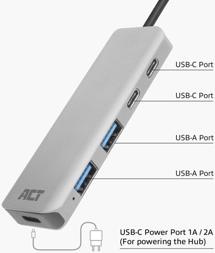 ACT | Hub | USB-C | 2x USB C | 2 x USB-A 3.2 Gen 1 | Space Gray-3