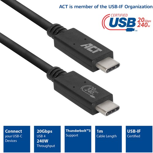 ACT | Aansluitkabel | USB4 | 20Gbps | USB Type-C | Thunderbolt | 240W | USB-IF gecertificeerd | 4K@60Hz | 1 m