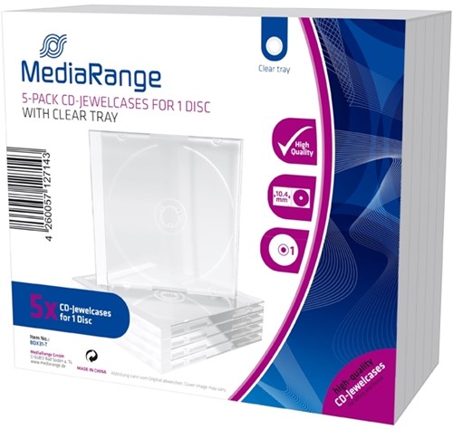 MediaRange | CD Jewelcase | 10.4mm | 1 Disc | Transparant | 5 Stuks