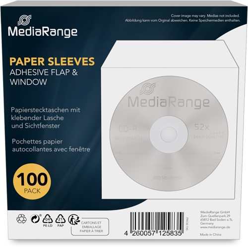 MediaRange | CD/DVD | Papier | Sleeves | Venster | Zelfklevende Flap | 1 Disc | Wit | 100 Stuks