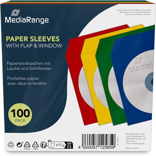 MediaRange | Hoesjes | CD/DVD | Papier | Insteekflap | Venster |  1 Disc | 4 kleuren | 100 Stuks