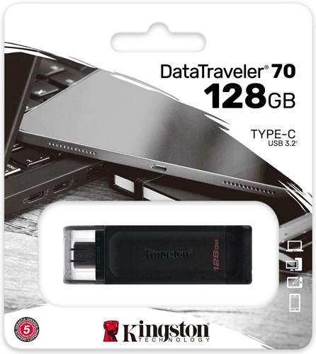 Kingston | USB Stick | 128 GB | USB-C 3.2 Gen-1 | DataTraveler 70 | Zwart