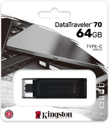 Kingston | USB Stick | 64 GB | USB-C 3.2 Gen-1 | DataTraveler 70 | Zwart