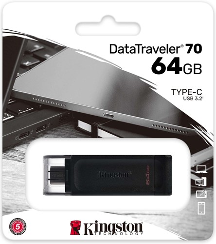 Kingston | USB Stick | 64 GB | USB-C 3.2 Gen-1 | DataTraveler 70 | Zwart