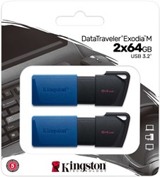 Kingston | USB Stick | 64 GB | USB 3.2 Gen-1 | DataTravler Exodia M | Slider | Zwart-Blauw | 2 Stuks