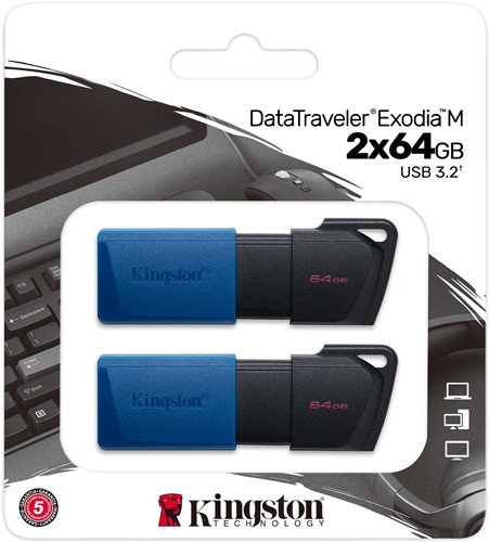 Kingston | USB Stick | 64 GB | USB 3.2 Gen-1 | DataTravler Exodia M | Slider | Zwart-Blauw | 2 Stuks