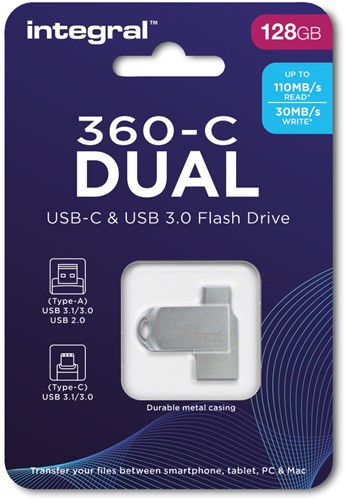 Integral | USB Stick | 128 GB | USB-C | USB 3.0 | Dual | 360° | Lezen 100 MB/s | Schrijven 30 MB/s