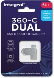 Integral | USB Stick | 64 GB | USB-C | USB 3.0 | Dual | 360° | Lezen 90 MB/s | Schrijven 20 MB/s