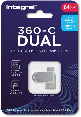 Integral | USB Stick | 64 GB | USB-C | USB 3.0 | Dual | 360° | Lezen 90 MB/s | Schrijven 20 MB/s