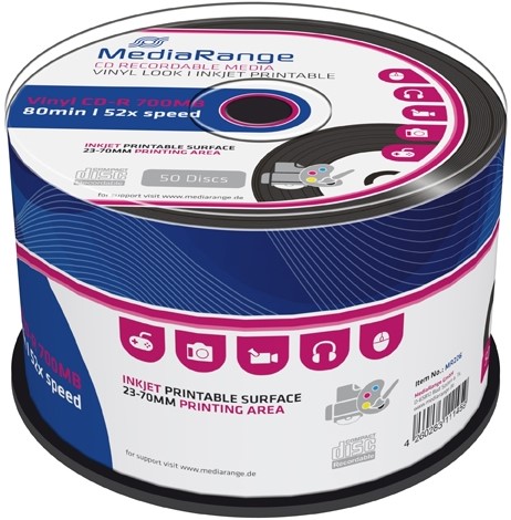 MediaRange | CD-R | 700 MB | Inkjet Printable | Black Vinyl | 50 Stuks