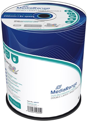 MediaRange | DVD+R | DL | 8.5 GB | Inkjet Printable | 100 Stuks