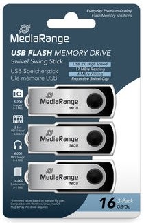 MediaRange | USB Stick | 16 GB | USB 2.0 | Twister | Zwart | 3 Stuks