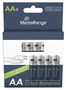 MediaRange | Batterijen | Rechargeable | USB-C oplaadbaar | AA | LR6 | 1.400mAh | 4 Stuks