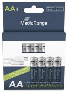MediaRange | Batterijen | Rechargeable | USB-C oplaadbaar | AA | LR6 | 1.400mAh | 4 Stuks