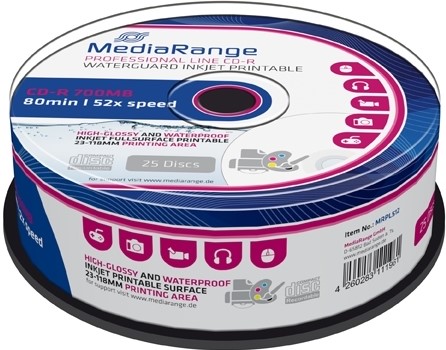 MediaRange | CD-R | 700 MB | Waterguard | Photo Inkjet Printable | 25 stuks