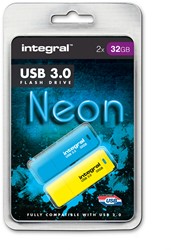 Integral | USB Stick | 32 GB | USB 3.0 | Lezen 120 MB/s | Schrijven 15 MB/s | Neon | Blauw en Geel