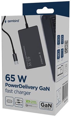 Gembird | Oplader | 1x USB-C | Geïntegeerde kabel | 65 Watt | Zwart-2