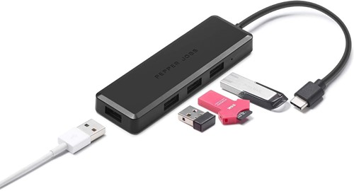 Pepper Jobs | Hub | 4-Poorts | USB-C | 4x USB 3.0 | Zwart