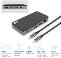 ACT | Hub | USB-C | 2x HDMI | Ethernet | USB-C | 3x USB-A | PD passtrough | i mtr kabel afneembaar | Zwart