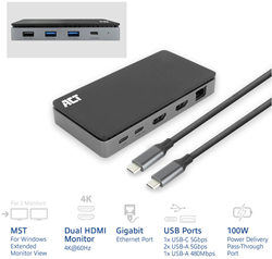 ACT | Hub | USB-C | 2x HDMI | Ethernet | USB-C | 3x USB-A | PD passtrough | i mtr kabel afneembaar | Zwart
