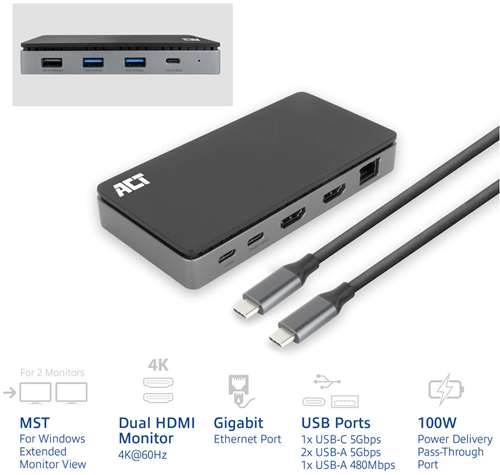 ACT | Hub | USB-C | 2x HDMI | Ethernet | USB-C | 3x USB-A | PD passtrough | i mtr kabel afneembaar | Zwart