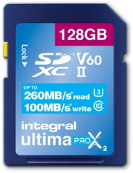 Integral | SDXC | 128 GB | UHS-2 | U3 | V60 | Lezen 260 MB/s  | Schrijven 100 MB/s | High Speed | UltimaPro X2