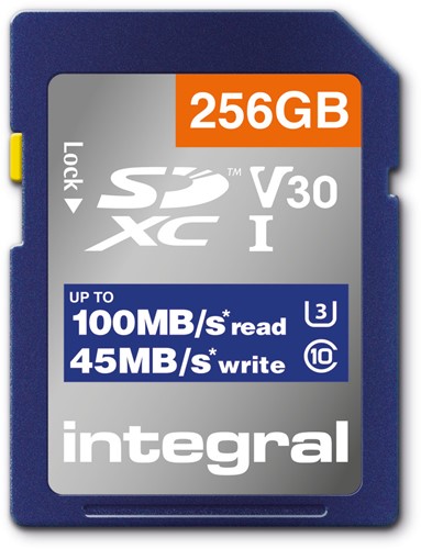 Integral | SDXC | 256 GB | UHS-1 | U3 | V30 | Lezen 100 MB/s  | Schrijven 45 MB/s | High Speed
