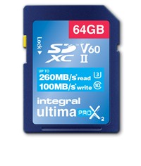 Integral | SDXC | 64 GB | UHS-2 | U3 | V60 | Lezen 260 MB/s  | Schrijven 100 MB/s | High Speed | UltimaPro X2