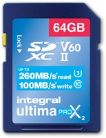Integral | SDXC | 64 GB | UHS-2 | U3 | V60 | Lezen 260 MB/s  | Schrijven 100 MB/s | High Speed | UltimaPro X2