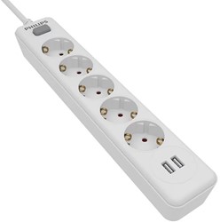 Philips | Stekkerblok | 5 Sockets | 2x USB | Wit
