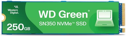 WD | SSD | Intern | 250 GB | PCIe Gen3 x4 | NVMe | M.2 | Green SN350 | 22 x 80 mm | Lezen 2400 MB/s | Schrijven 1500 MB/s